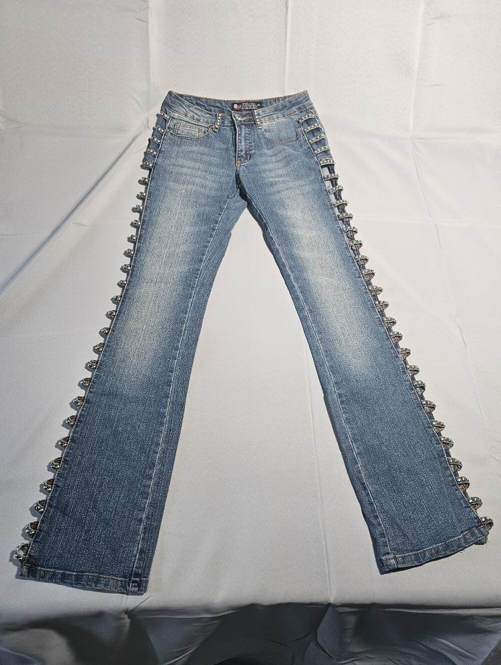 Biker Design Y2K Embellished Cutout Sides Bootcut Med Wash Mid Rise Studs 25x30